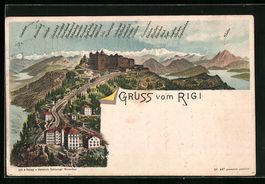 Litho Rigi, Hotel und Bergpanorama mit E
