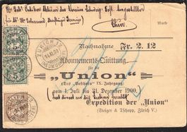 Abonnements Quittung "Union" 14.Xl.1900,Freimarkenfrankatur