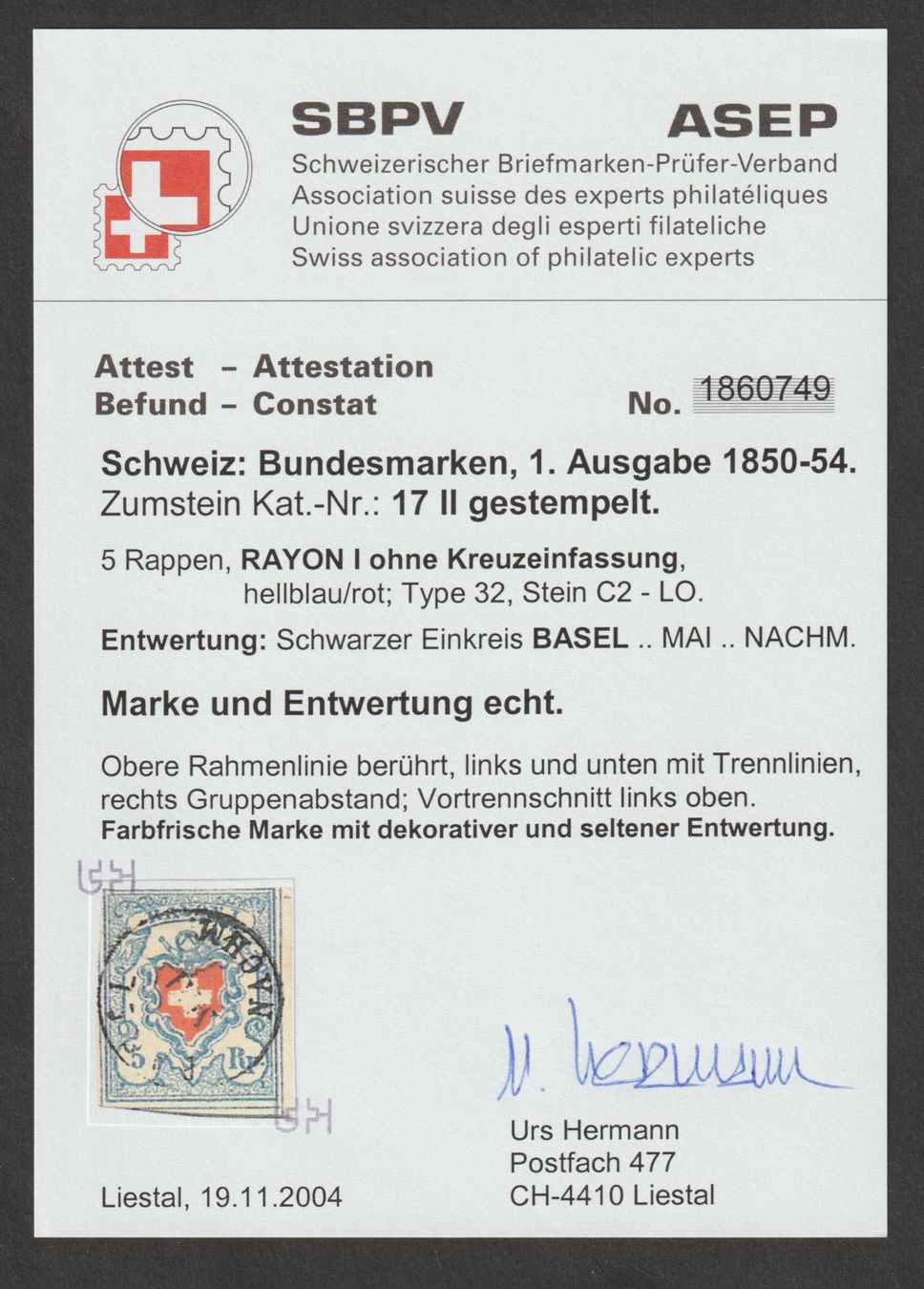 Tutti i francobolli: Rayon 17II C2 Typ 32 gestempelt / Befund – Usato da Siebnen venduto da Fstaehli 2