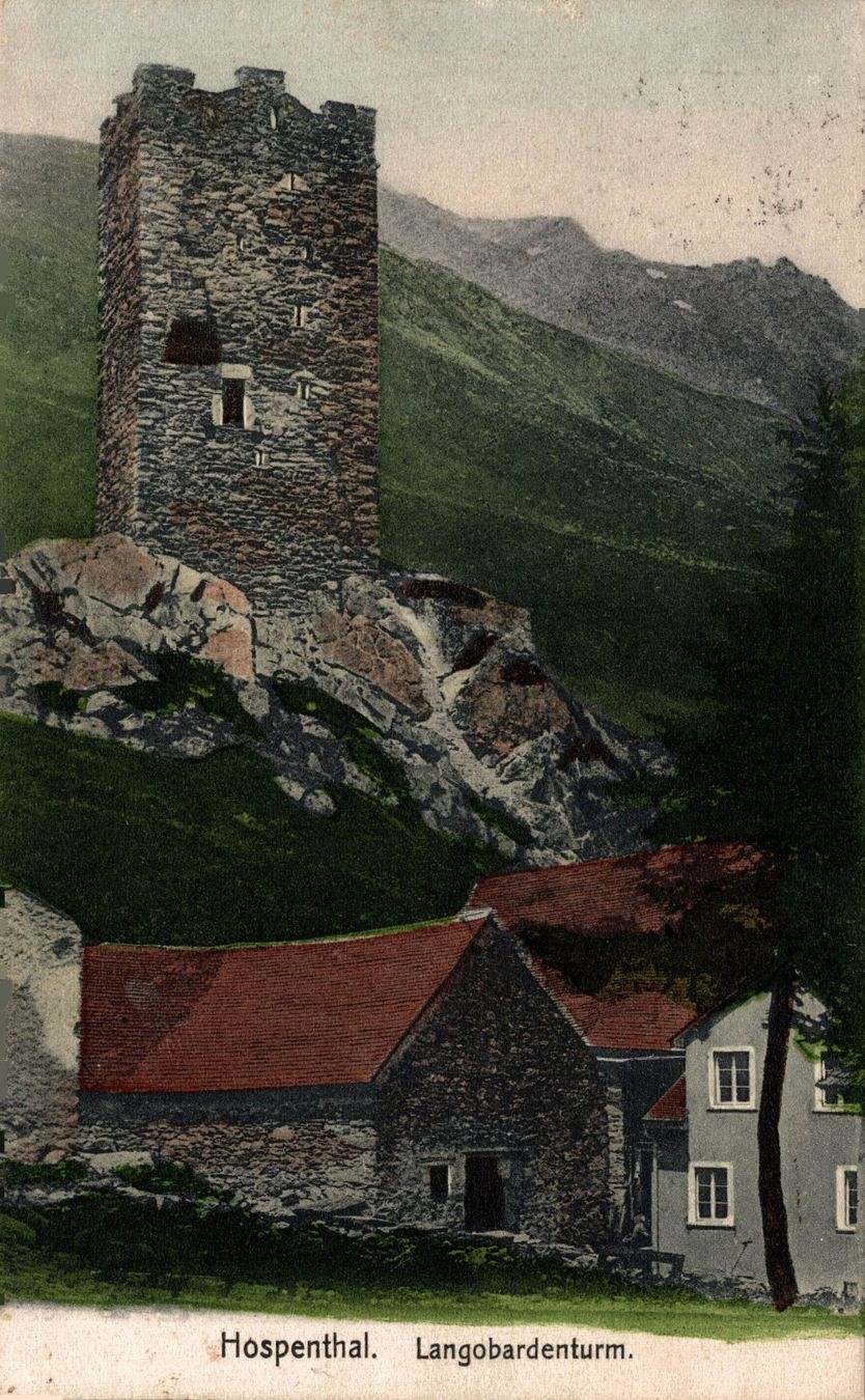 Cartoline postali: Hospenthal. Langobardenturm – Usato da Bronschhofen venduto da Astore