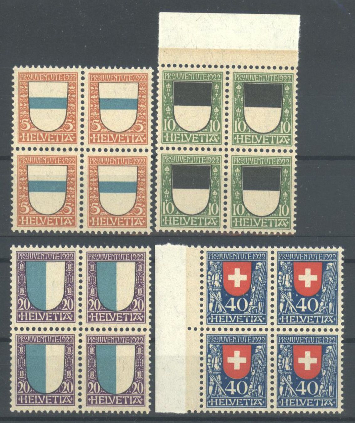 Alle Briefmarken: 1922, Pro Juventute, Viererblöcke ** – Gebraucht aus Willisau von Vollstempel