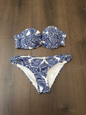 Bikini Set Bandeau Hose Paisley Blau Weiss Grösse S H&M