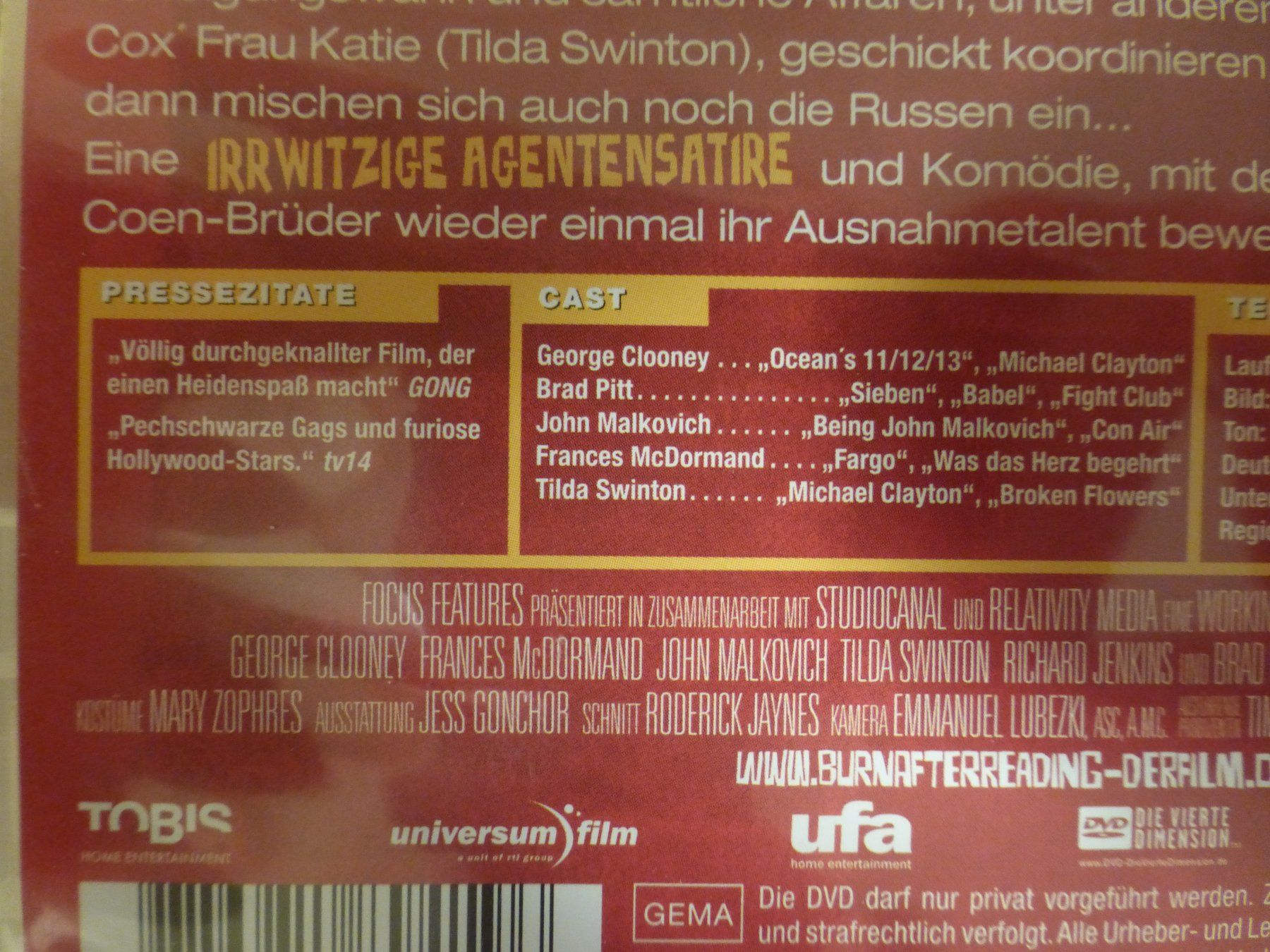Tutti i DVDs: Burn after reading coen brothers DVD – Usato da Zumikon venduto da psisound 2