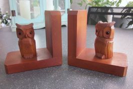 Vintage Buchstützen mit Eulen, Holz geschnitzt