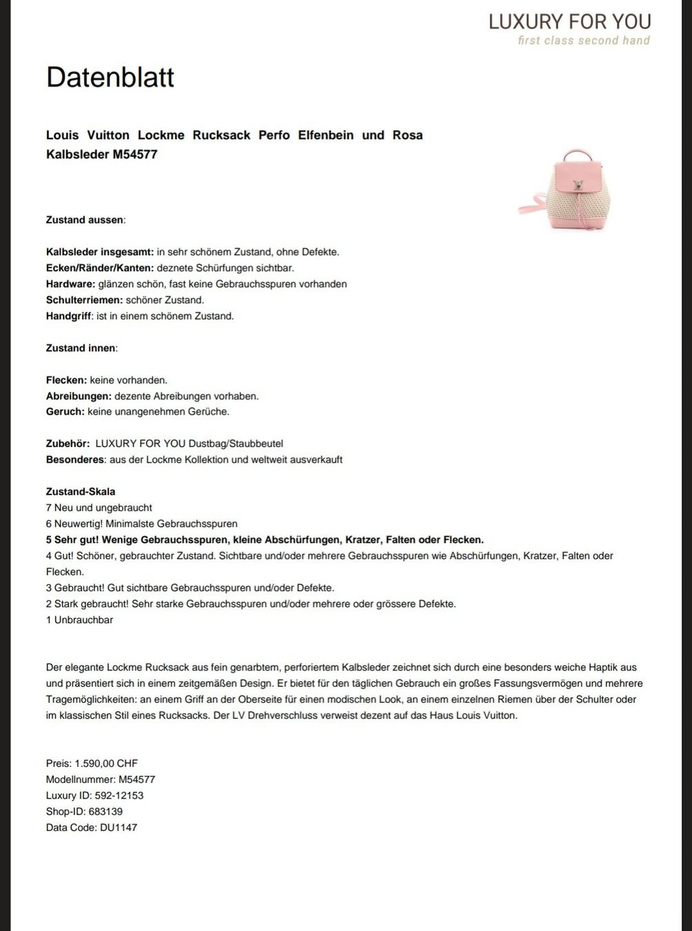 Louis Vuitton Zaini: Louis Vuitton Lockme Perfo Rucksack M54577 rosa Original – Usato da Fällanden venduto da Fairamay 6