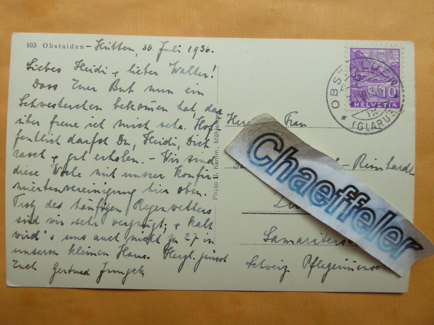 Cartoline postali: 103 Obstalden  1936 – Usato da Zürich venduto da Chaeffeler 1