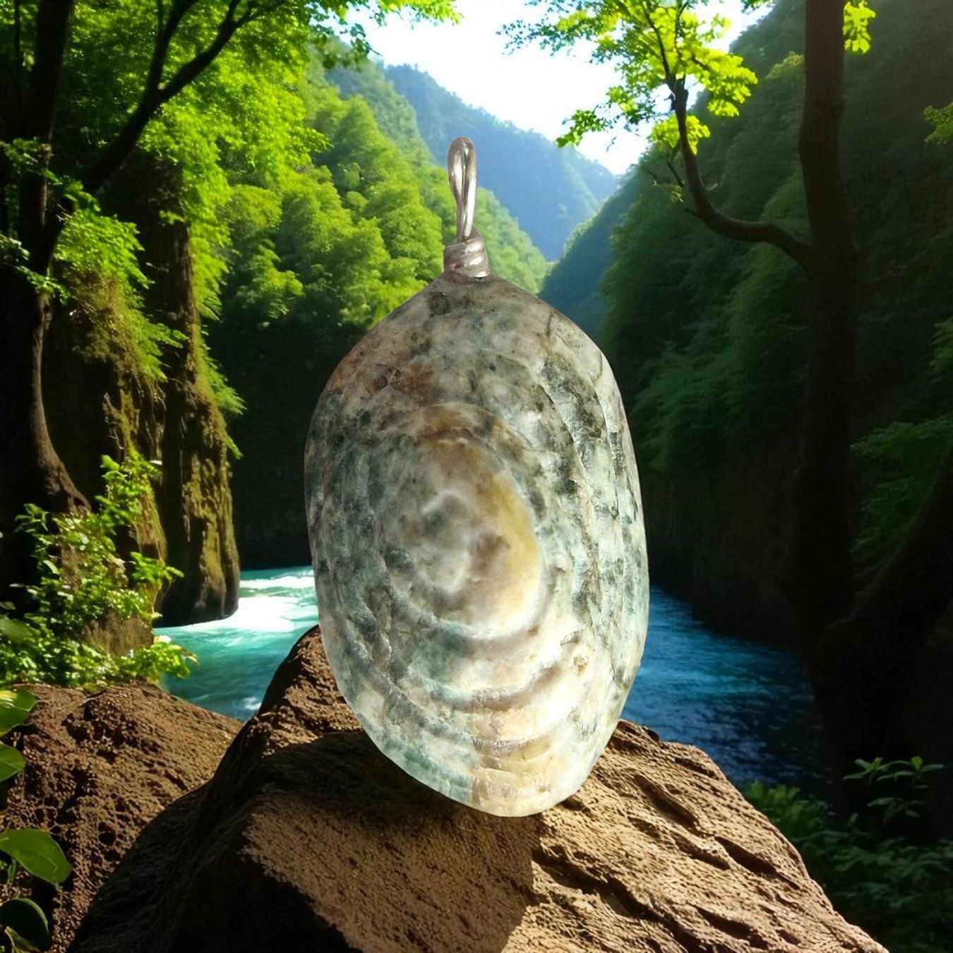 Minerali & Pietre curative: Allalin-Gabbro Anhänger mit Gravierter Spirale – Nuovo e nell'imballaggio originale da Aarau venduto da Schmuckhoehle_MD 8