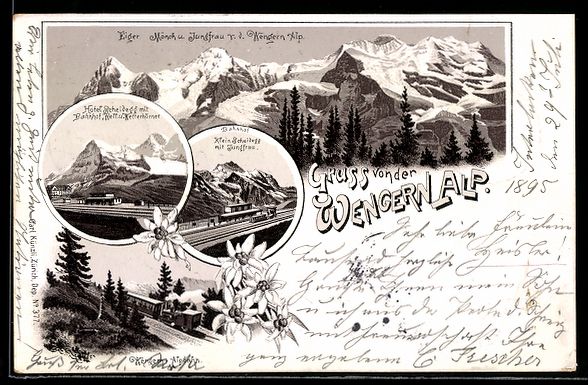 Cartoline postali: Vorläufer-Lithographie Wengernalp, 1895, Hotel Scheidegg mit – Usato da Berlin venduto da bartko-reher