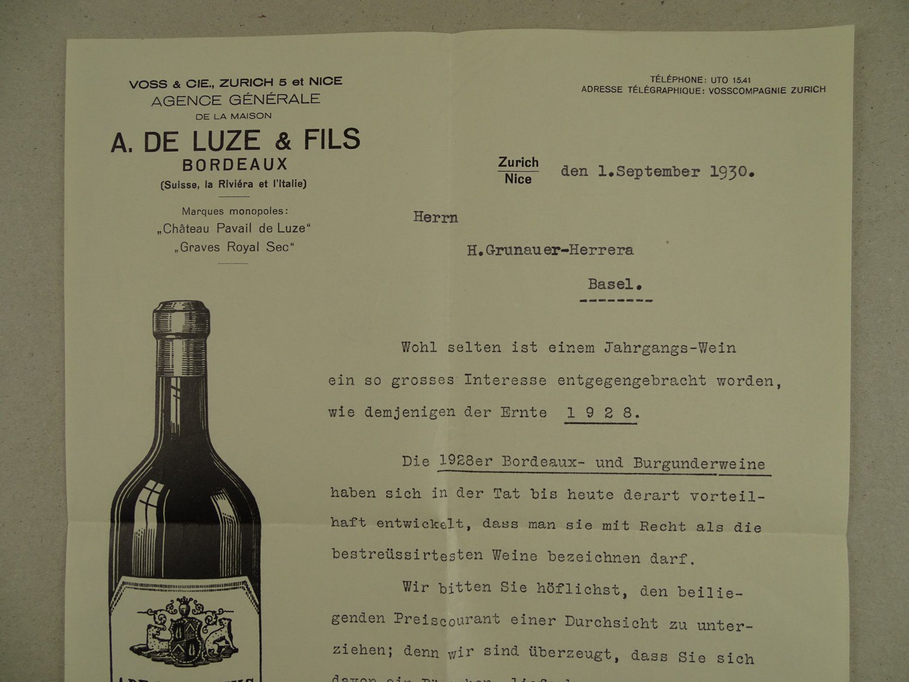 Vino: BRIEF DER BORDEAUX WEINE GENERALVERTRETUNG, 1930 – Usato da Grüningen venduto da Kartensammler 1