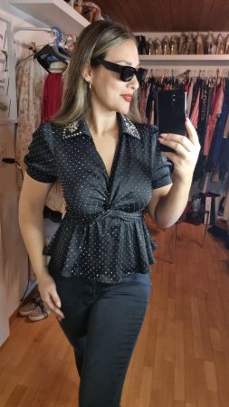 Schwarze Damenbluse mit Strasskragen Grösse 38 & 38/40