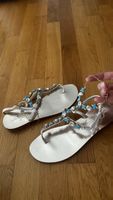 Sparkly Capri Leather Sandals White Blue Stones Size 40