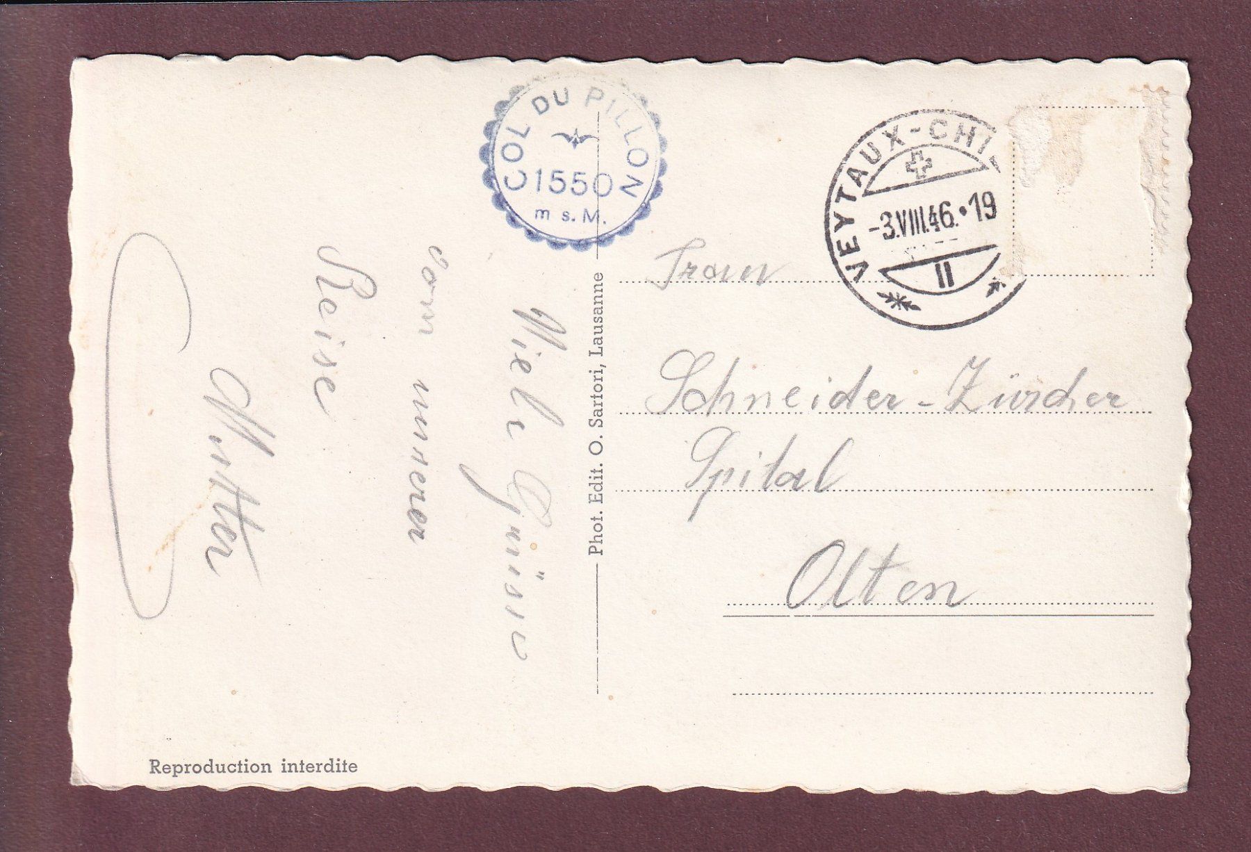 Ansichtskarten: COL DU PILLON - 1946 – Gebraucht aus Pully von nicecards 1
