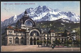 AK Luzern, Bahnhof und Pilatus