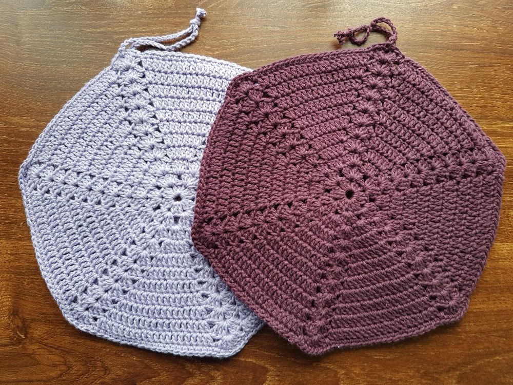T0043 Gehäkelt 2 Topflappen Baumwolle Handarbeit Blau Rot Gelb