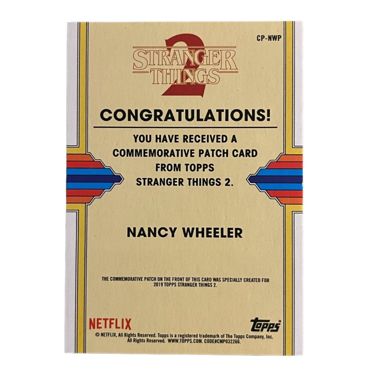 Topps Cartes à collectionner: 2019 Topps Stranger Things Nancy Wheeler Patch Card – Neuf (Voir description) à St-Légier-Chiésaz par GemMintCH 2