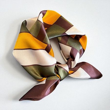 New 53cm Silk Scarf Color Blocks Brown Yellow Green White