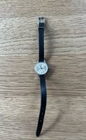Vintage Ladies Watch, Silver Face, Black Leather Strap