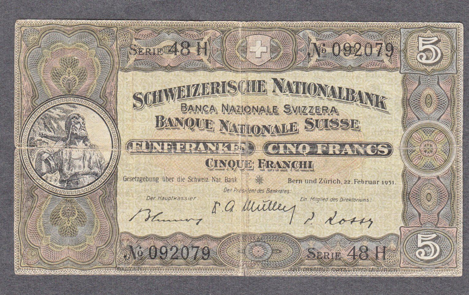 Banconote: 5 Franken Banknote Wilhelm Tell 1951 – Usato da Gossau SG venduto da Gallus00