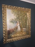 Grosses Ölgemälde Dame am See im Prunkrahmen signiert, 98x90