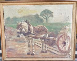 grand tableau cheval attelé non signé