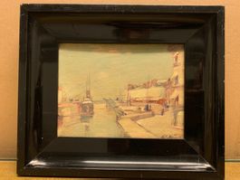 HUILE SUR BOIS "VUE PORTUAIRE"- Signé W. MULLER- 30,5X25,5cm