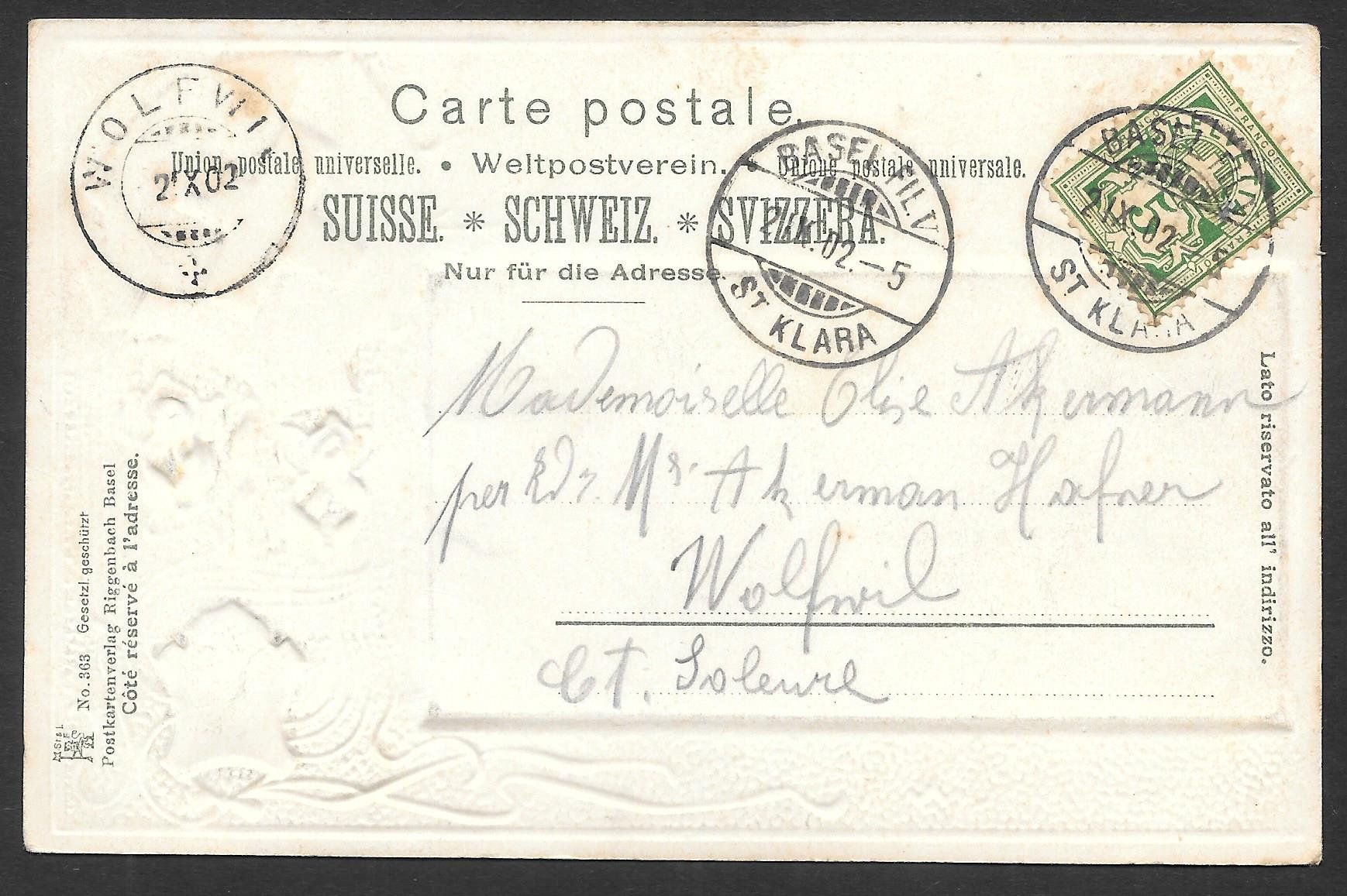 Cartoline postali: Basel Teilansicht mit Trams Prägekarte mit Wappen – Usato da Olten venduto da clotaldi 1