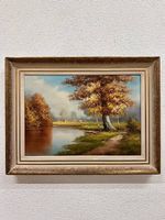 Vintage Ölgemälde Herbstliche Flusslandschaft von E. Janin