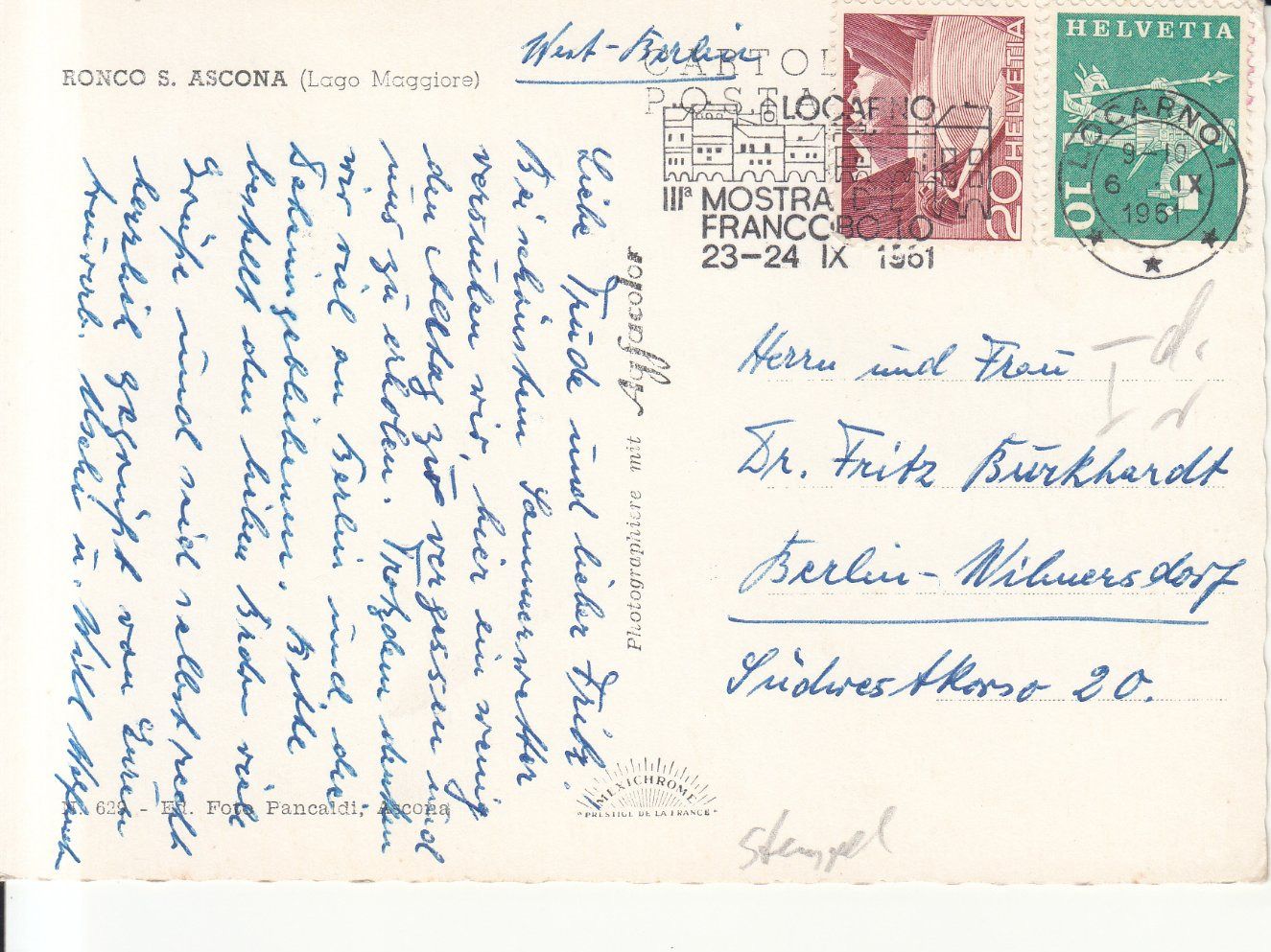 Cartoline postali: Ronco 1961 – Usato da Bürglen TG venduto da StampGraf 1