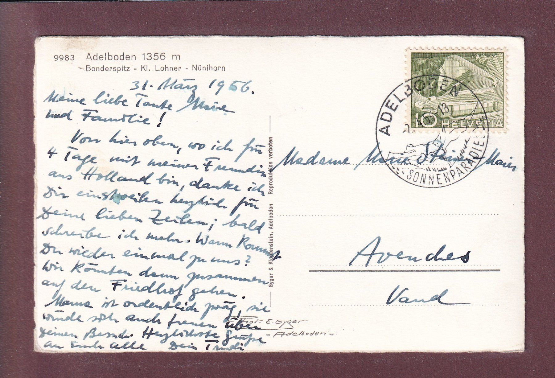 Ansichtskarten: ADELBODEN - Bonderspitz - 1956 – Gebraucht aus Pully von nicecards 1