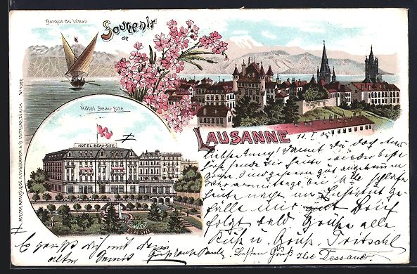 Cartoline postali: Litho Lausanne, Hotel Beau-Site, Barque  – Usato da Berlin venduto da bartko-reher
