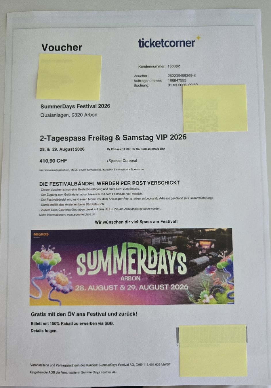 Biglietti: Summerdays Arbon VIP Tickets – Nuovo e nell'imballaggio originale da Zihlschlacht venduto da foxifee