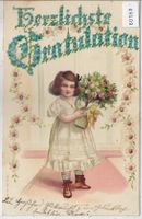 Herzlichste Gratulation - Mädchen mit Bonsai - Präge-Litho