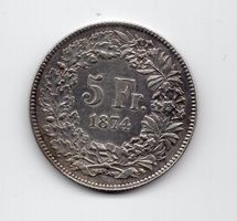 (1699) Schweiz, 5 Franken 1874 B, fast stgl