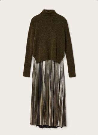 Allsaints 2 in 1 Maxikleid & Pullover Plissee grün metallic