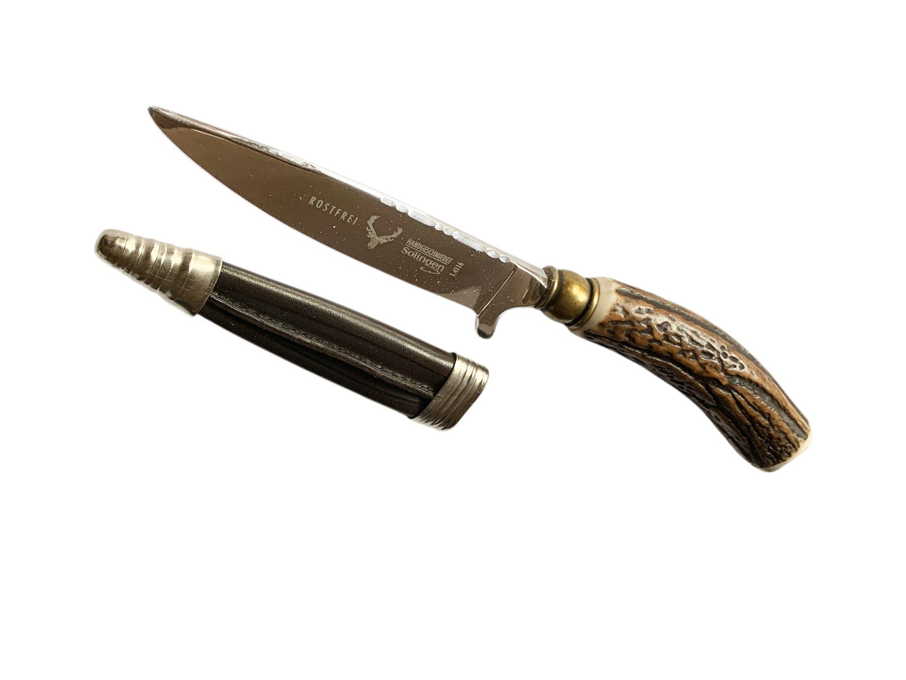 Accessori: Messer mit Griff aus echtem Hirschgeweih mit Lederscheide – Nuovo e nell'imballaggio originale da Arbedo venduto da patagonialeatherrugs 2