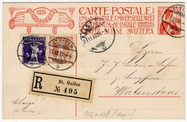 2 x 3 Rp. Tellknabe auf 10 Rp. UPU 1909 Postkarte per Chargé