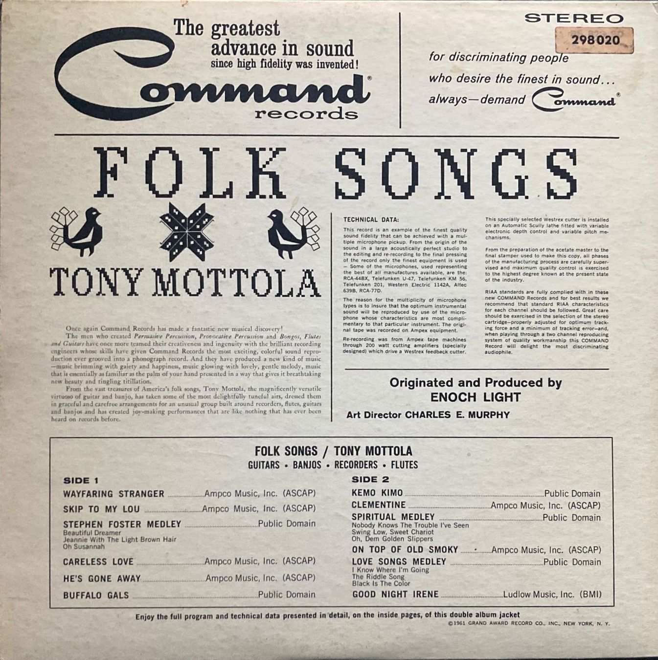 Dischi in vinile: TONY MOTTOLA - FOLK SONGS – Usato da Poliez-Pittet venduto da Newtown-Records 1