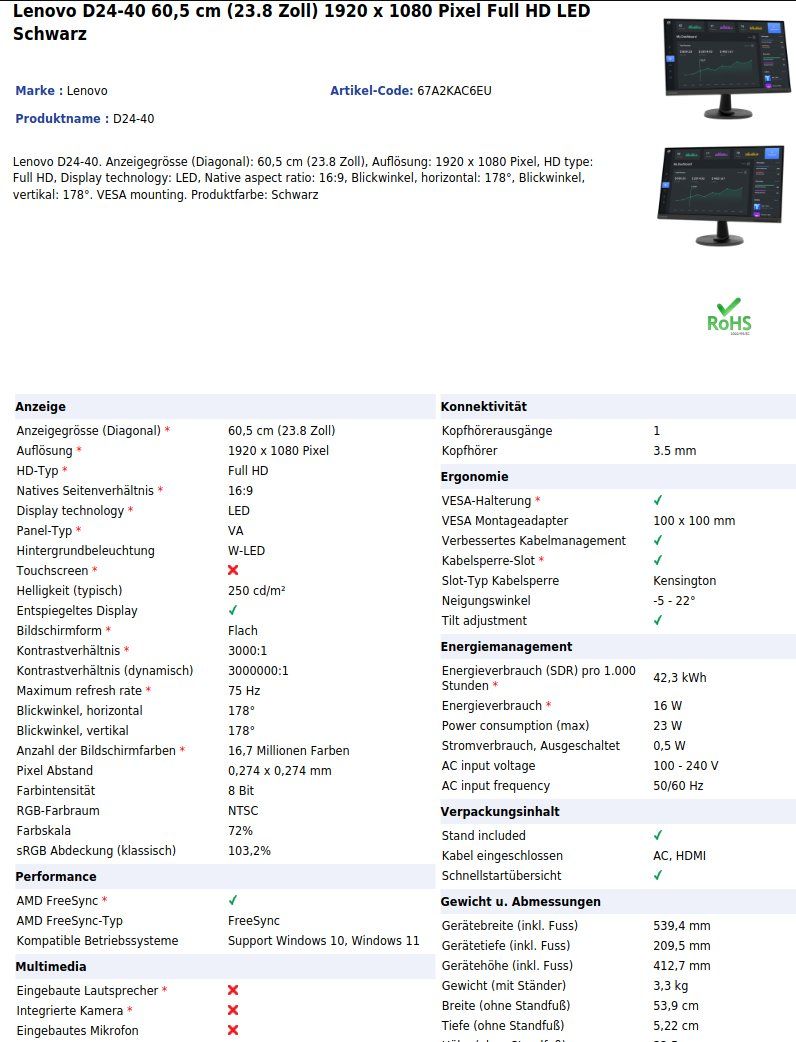 Lenovo Monitor: Lenovo D24-40 – Nuovo (secondo la descrizione) da Zürich venduto da eportex 2