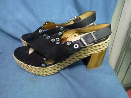 KANNA SANDALEN BLOCKABSATZ GR 37 LEDER RIEMCHEN SCHWARZ HOLZ