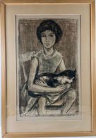 August Frey (1912 - 1998) Lithographie >>Kind und Katze<<