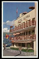 AK Mürren, Hotel Alpina, Fassade mit Balkonen und Sonnenschi
