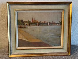 Vintage Basel Malerei, gerahmt, signiert, Fluss Rhein Blick