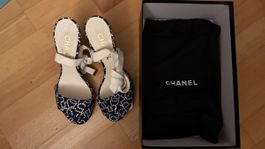 Chanel Sandalen Korkabsatz blau weiss mit Box Gr 37