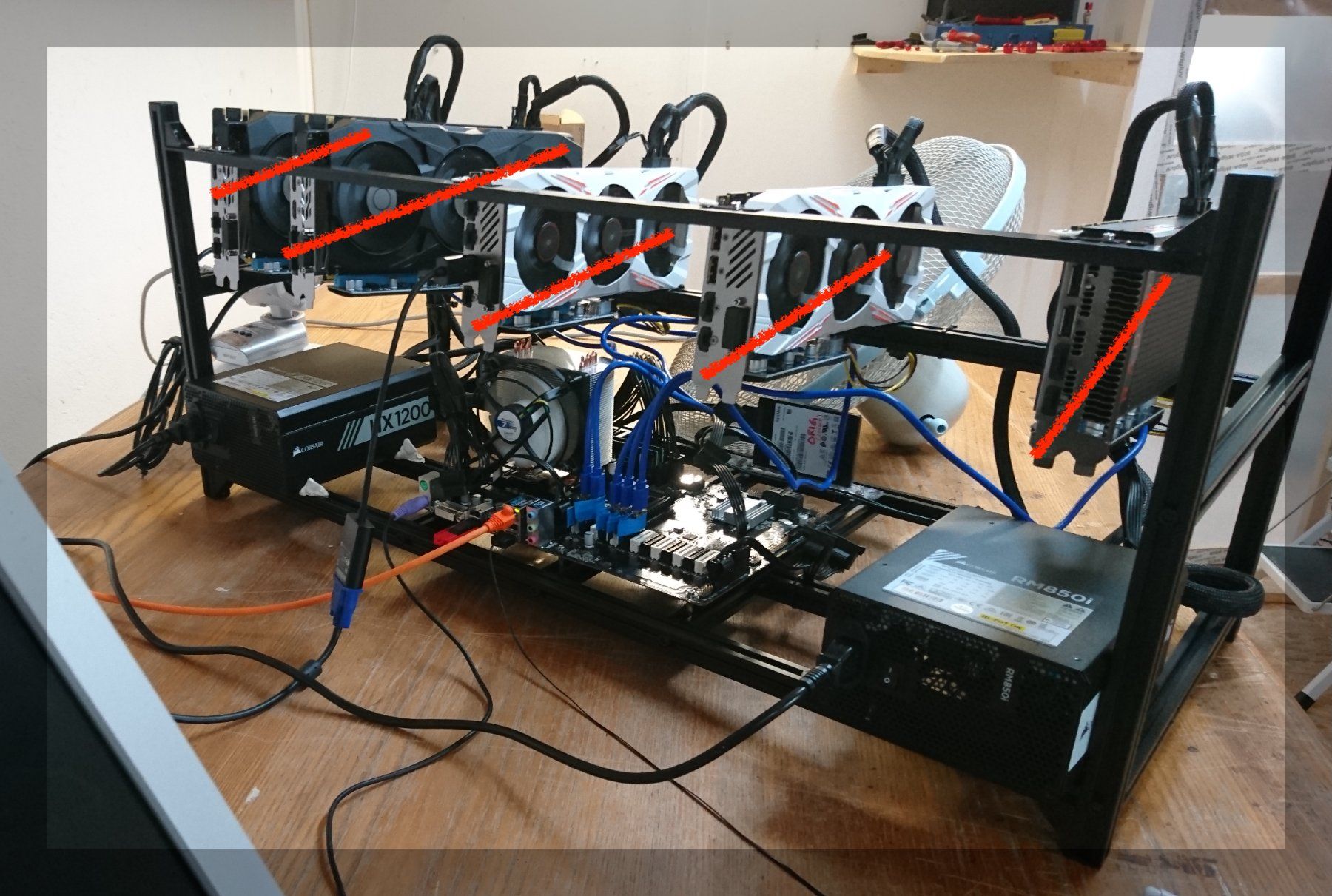 Coin Miner: 13xGPU Rig (AI, Mining): Frame, Mainboard, CPU, RAM & 2xPSU – Usato da Hendschiken venduto da mgm_725s