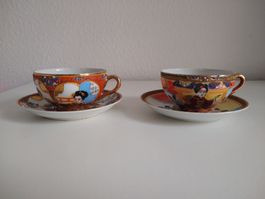 2x Japanese Geisha Teacups & Saucers Set