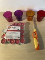 Kerzen-Set mit Stabfeuerzeug farbige Gläser, neuwertig