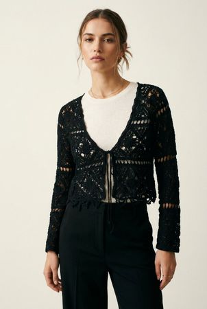 Vintage Boléro Crochet Noir Liens Manches Longues T. M