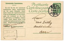 1925 Dienstpostkarte Nr. SBB I-12, gestempelt Baar 25.IV.25