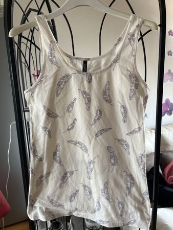 Joli débardeur blanc motifs plumes bleues , taille S/M