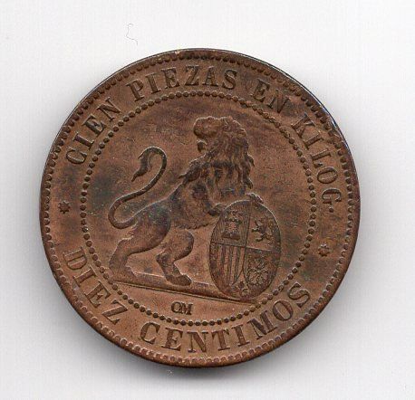 Toutes les monnaies: (398) Spanien, 10 Cent 1870, vz – D'occasion à Rüthi (Rheintal) par erdnuessli1 1